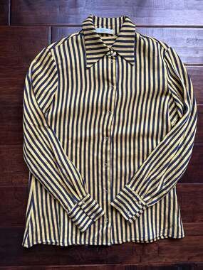 Roseanna Paris Wool Silk Blend Yellow and Navy Striped Snap Front Blouse
